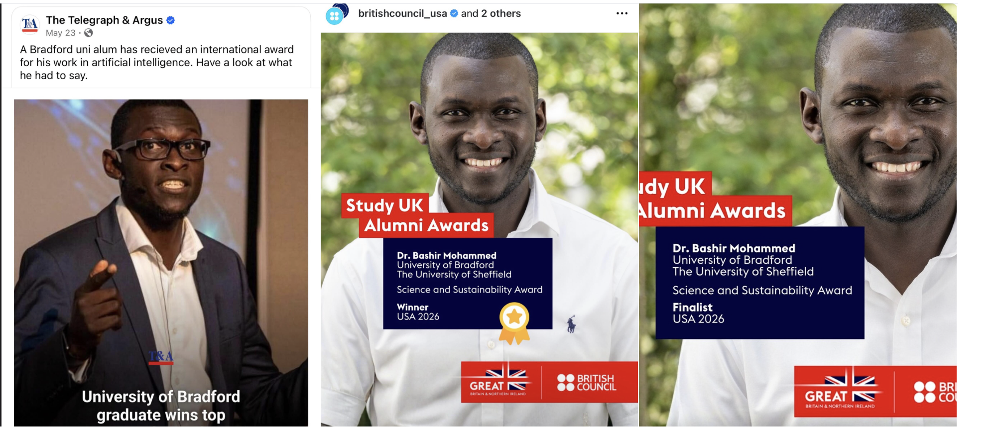 Study UK Alumni Awards finalist and winner announcements for Dr. Bashir Mohammed, alongside media coverage